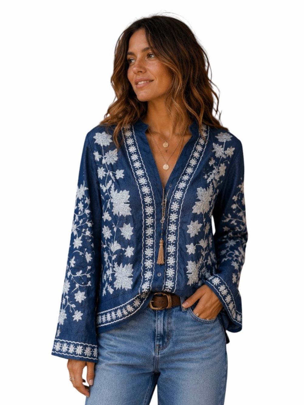 NWOT Boutique Medium Denim Chambray Floral Embroidered Flare Sleeve Blouse